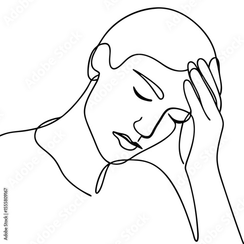 Person resting forehead on hand, line art illustration.  Thoughtful person in minimalist style, hand on head, showing contemplation and fatigue.