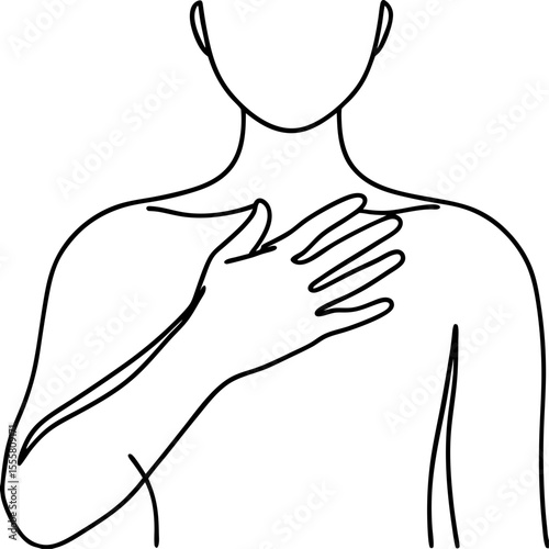 Person placing hand on chest line art illustration. Simple graphic design showing person's hand on heart.  Image depicts gesture of sincerity, empathy, compassion, and love.
