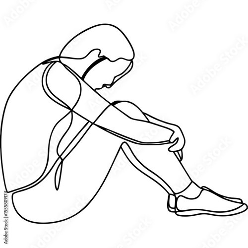 Person sitting on floor with head down, line art illustration.  Depressed person sitting with knees hugged, simple line drawing.