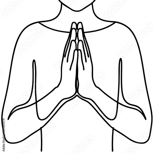 Person pressing palms together in prayer pose. Simple line art drawing of hands clasped in prayer position, conveying serenity and hope. Elegant line art illustration perfect for meditation app.