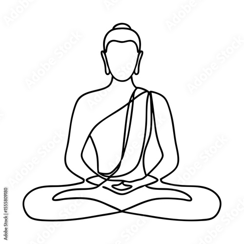 Person sitting cross legged in lotus pose line art illustration.  Simple line drawing of person meditating in peaceful pose.  Elegant line art design perfect for yoga studio, meditation app.