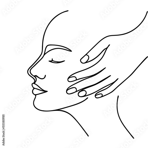 Gentle touch on face line art.  Hand gently caressing woman's face profile.  Relaxing spa treatment illustration perfect for beauty salon brochures or wellness center marketing materials.
