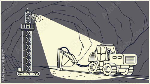 Mining Operation Excavator and Lighting Rig in Cave.