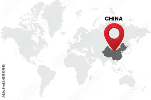 World map on white background. World map with country china highlighted with location symbol. Vector illustration of map and pin location of china country.