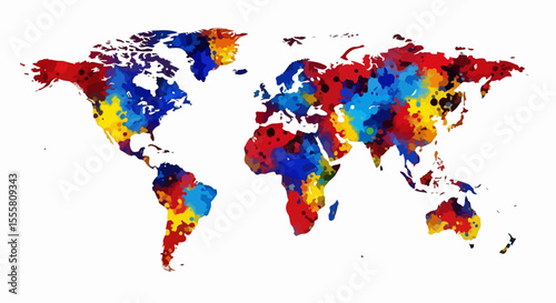 A creative and colorful rendition of a world map using dynamic watercolor splashes. A modern global art piece for travel lovers and explorers