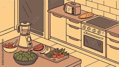 Modern Kitchen Scene with Blender Toaster and Fresh Ingredients.