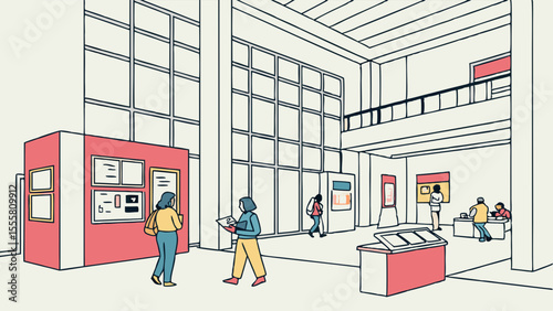People visiting an art gallery or museum viewing exhibits.