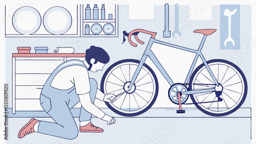 Person Repairing Bicycle in Workshop with Tools and Supplies.