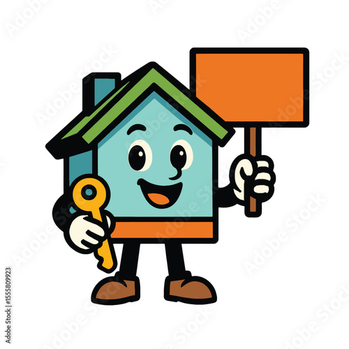 A cheerful house mascot holding a blank sign and a key.