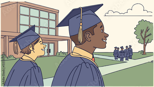 Smiling Graduates in Caps and Gowns at Ceremony.