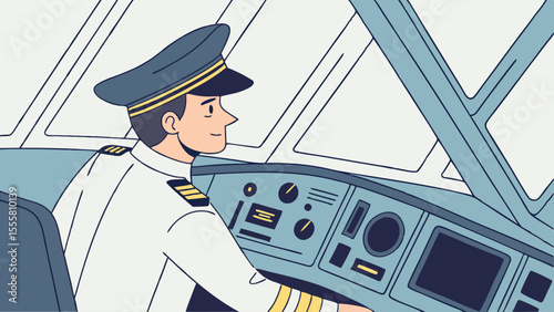 Smiling Pilot in Cockpit with Flight Controls Illustration.