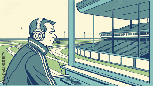 Sports Announcer Observing a Racing Track.