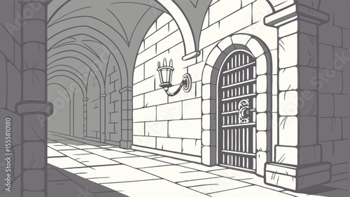 Stone Corridor with Prison Door and Archways.