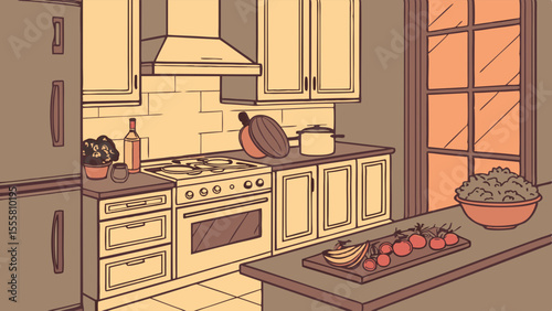 Stylish Modern Kitchen Interior Design with Cooking Utensils and Fresh Produce.