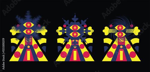 Naive playful abstract shapes sticker pack. Groovy circle oval rectangle arch eyes typography in trendy retro 90s cartoon style. Vector illustration with wavy geometric elements. sdsdqsw