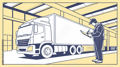 Truck inspection by a worker in a warehouse setting illustration.
