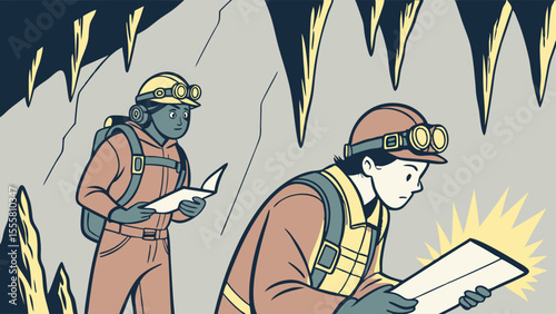 Two Cave Explorers Studying a Map.