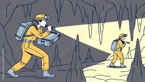 Two cave explorers with flashlights in a cavern illustration.