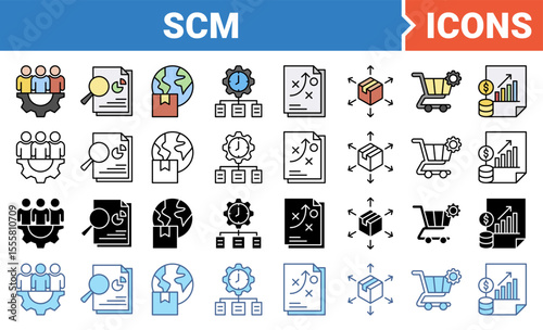SCM concept for Supply Chain Management icon set with multiple style collection.