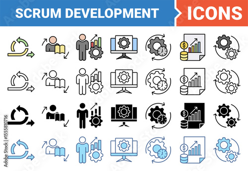 Scrum development icon set with multiple style collection.