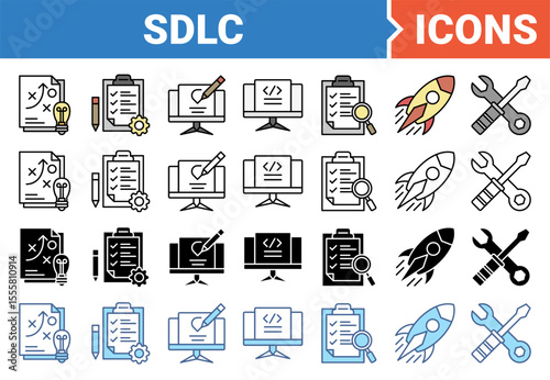 Software development life cycle icon set with multiple style collection.