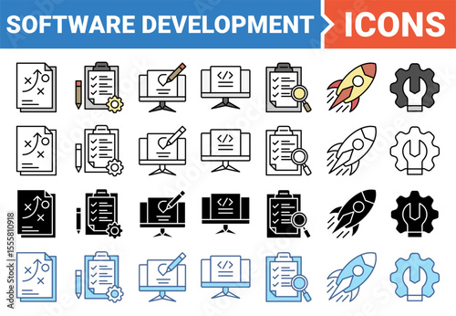 Software development icon set with multiple style collection.