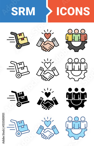 SRM concept of supplier relationship management icon set with multiple style collection.