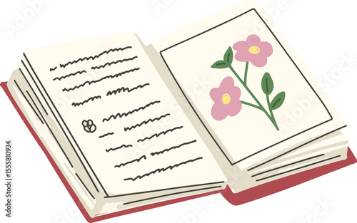 An open book with handwritten notes and a floral illustration