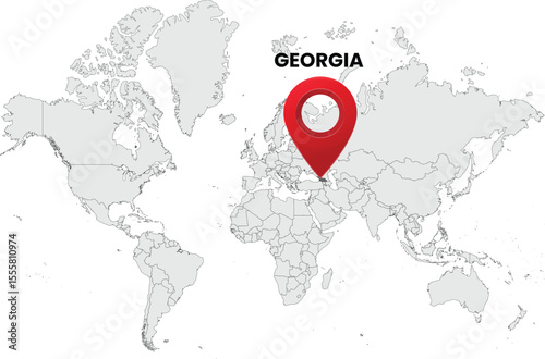 World map on white background. World map with country georgia highlighted with location symbol. Vector illustration of map and pin location of georgia country.