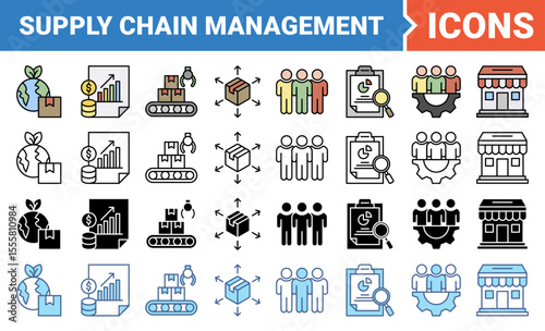 Supply chain management icon set with multiple style collection.