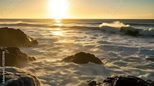 Dramatic Ocean Waves Crashing Against Rocks at Sunset, Golden Hour
