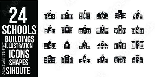 Collection of black and white school building icons in various styles and architectural designs set on white