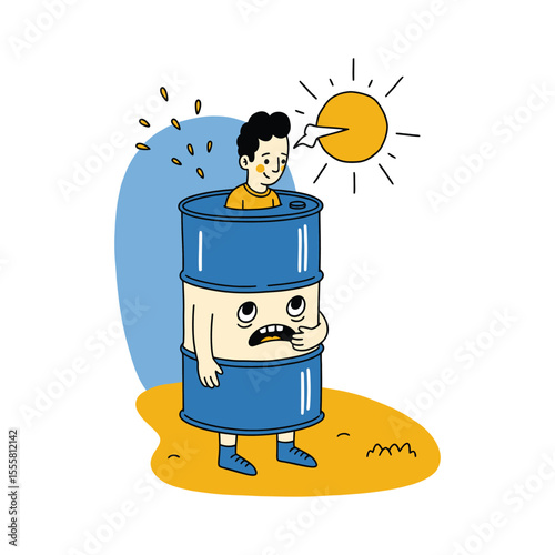 Cartoon Character in Oil Barrel with Worried Expression and Sun.