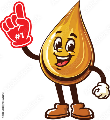 Cartoon oil drop character holding a giant foam finger