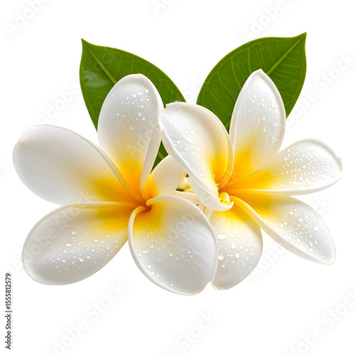Beautiful Plumeria Flowers with Dew Drops and Green Leaves