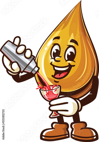 Cartoon oil drop character making cocktail
