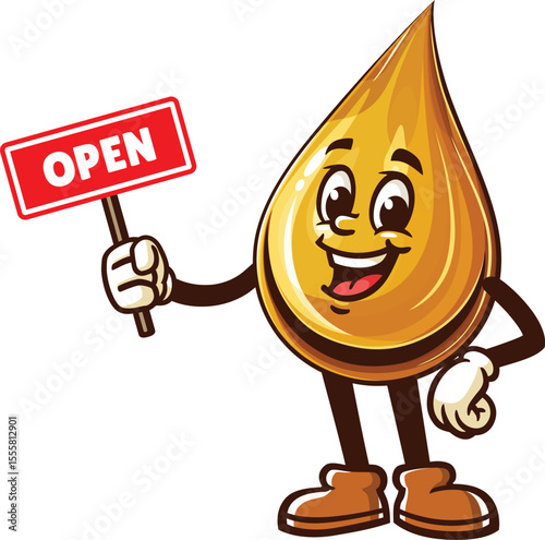 Cartoon oil drop character holding an open sign