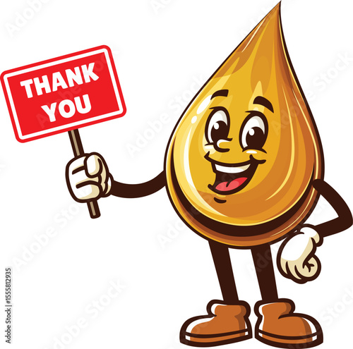 Cartoon oil drop character holding a thank you sign