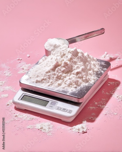 Flour on Kitchen Scale with Measuring Cup