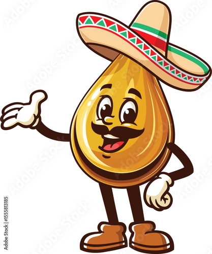 Cartoon oil drop character wearing a sombrero