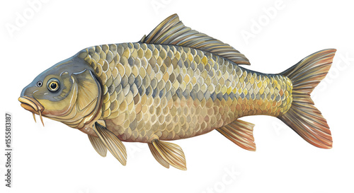 Detailed Illustration of a Common Carp Fish watercolor png, transparent isolated nackground