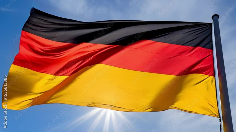 German Flag Waving Against Clear Blue Sky with Sunlight German Flag Waving Against Clear Blue Sky with Sunlight