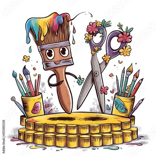 Anthropomorphic paint brush and scissors with art supplies
