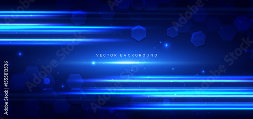 Futuristic technology hexagon blue with lighting effect sparkle on dark blue background.