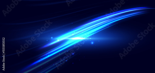 Hi-speed blue neon wave beams rays on dark blue background. Speed motion moving concept.