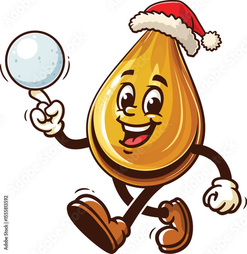Cartoon oil drop character playing snowball and wearing christmas hat