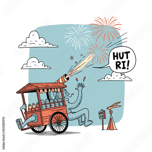 Indonesian Independence Day Celebration with Street Vendor and Fireworks.