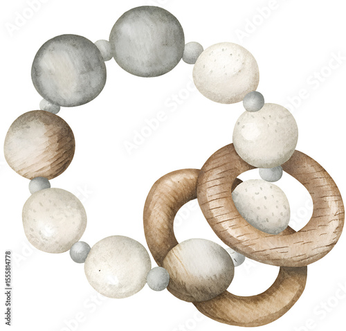 Foto Watercolor illustration of wooden baby teething toy on transparent background
