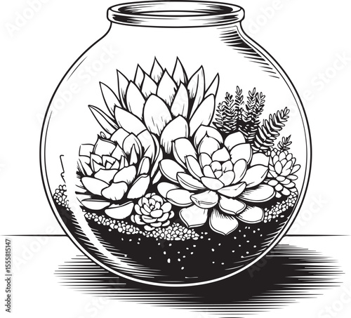 Hand-drawn succulent plant in a glass terrarium with pebbles and soil, black and white botanical illustration for home decor or coloring