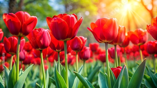 The blooming of bright red tulips in a warm spring garden. Generative AI